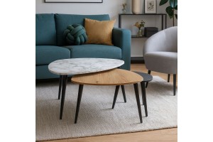 Τραπεζάκια σαλονιού Drop από μελαμίνη και μασίφ ξύλινα πόδια 80+60+40