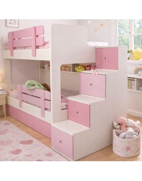 Κουκέτα Avery ελληνικής κατασκευής 90x190 με συρταρια και σκάλα με ντουλαπάκια