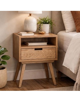 Κομοδίνο Loft Δρυς με Μασίφ Πόδια ελληνικής κατασκευής